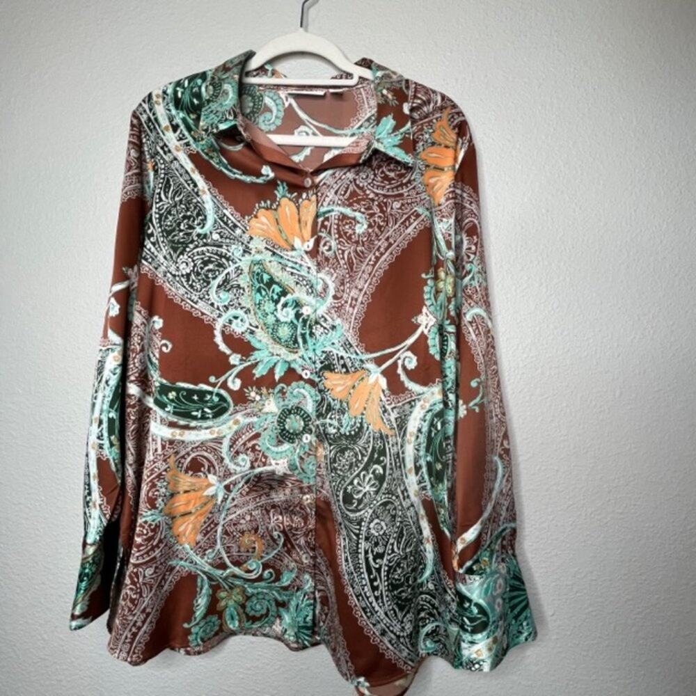 Susan Graver Charmeuse Button Front Silky Blouse Large